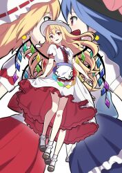 Rule 34 | 3girls, absurdres, blonde hair, blue hair, commission, crystal, dress, earrings, eighteenetzel, face-to-face, flandre scarlet, full body, fusion, gattai, hat, highres, hinanawi tenshi, impossible clothes, jewelry, lifting own clothes, long sleeves, looking at another, looking at viewer, mob cap, multiple girls, peach hat ornament, pixiv commission, potara earrings, red eyes, short sleeves, smile, touhou, white dress, wings
