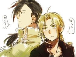 Rule 34 | 2boys, antenna hair, back-to-back, black hair, black jacket, black shirt, blonde hair, braid, edward elric, expressionless, closed eyes, fullmetal alchemist, height difference, jacket, ling yao, long hair, looking at another, male focus, multiple boys, profile, shirt, simple background, thought bubble, translated, tsukuda0310, upper body, white hair, yellow eyes