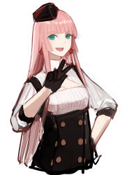 Rule 34 | 1girl, absurdres, aqua eyes, arm up, black gloves, black headwear, black skirt, breasts, earrings, girls&#039; frontline, gloves, hand on own hip, highres, jewelry, long hair, looking at viewer, open mouth, pink hair, rampart1028, shirt, simonov (girls&#039; frontline), skirt, smile, solo, star (symbol), star earrings, suspender skirt, suspenders, teeth, upper body, upper teeth only, v, white background, white shirt