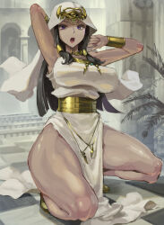 Rule 34 | 1girl, alternate breast size, arms up, black hair, breasts, dark-skinned female, dark skin, dress, egyptian, egyptian clothes, forehead jewel, indoors, ishizu ishtar, jewelry, kazo (kazozakazo), large breasts, long hair, looking at viewer, open mouth, pelvic curtain, plant, purple eyes, solo, squatting, yu-gi-oh!, yu-gi-oh! duel monsters