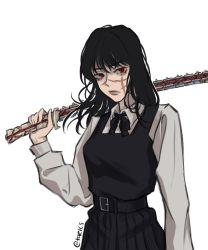 Rule 34 | 1girl, black dress, black hair, black ribbon, chainsaw man, collared shirt, cross scar, dress, facial scar, highres, holding, holding sword, holding weapon, long hair, looking at viewer, pinafore dress, red eyes, ribbon, ringed eyes, scar, scar on cheek, scar on face, shirt, simple background, sleeveless dress, solo, spine, sword, taeics, weapon, white background, white shirt, yoru (chainsaw man)
