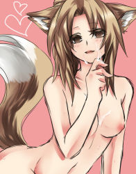 Rule 34 | 1girl, animal ears, bad id, bad pixiv id, blush, breasts, brown eyes, brown hair, cum, cum on body, cum on breasts, cum on upper body, facial, heart, inari, konshin, monster girl, nipples, nude, small breasts, solo, tail