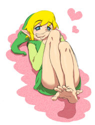 Rule 34 | 1boy, bad feet, barefoot, blonde hair, blue eyes, blush, feet, hat, heart, legs, link, long sleeves, looking at viewer, lying, male focus, nintendo, pointy ears, soles, solo, spread toes, the legend of zelda, toes, tunic, usikani