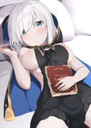 Rule 34 | 1girl, aqua eyes, arou (arrow x666), ars almal, ars almal (1st costume), black dress, blue cape, book, breasts, cape, commentary, dress, highres, holding, holding book, hood, inverted nipples, large breasts, looking at viewer, lying, nijisanji, on back, pillow, short hair, sideless outfit, sleeveless, sleeveless dress, solo, thighs, virtual youtuber, white hair