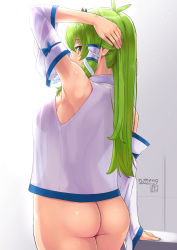 Rule 34 | 1girl, adjusting hair, ahoge, arm behind head, arm support, arm up, armpits, ass, back, bottomless, breasts, cowboy shot, dated, detached sleeves, frog hair ornament, from behind, green eyes, green hair, hair ornament, kei jiei, kochiya sanae, long hair, looking at viewer, looking back, medium breasts, no bra, nontraditional miko, see-through, see-through shirt, shirt, sideboob, simple background, single hair tube, sleeveless, sleeveless shirt, snake hair ornament, solo, standing, tile wall, tiles, touhou, white background, white shirt, wide sleeves
