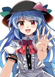 Rule 34 | 1girl, :d, blue hair, blush, bow, bowtie, breasts, collared shirt, commentary request, date pun, e.o., food, food on head, frills, fruit, fruit on head, hat, highres, hinanawi tenshi, leaf, long hair, medium breasts, number pun, object on head, open mouth, peach, puffy short sleeves, puffy sleeves, red bow, red bowtie, red eyes, shirt, short sleeves, simple background, smile, smug, solo, touhou, upper body, v-shaped eyebrows, white background