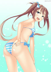 Rule 34 | 10s, 1girl, adjusting clothes, adjusting swimsuit, asagumo (kancolle), ass, bad id, bad pixiv id, bikini, brown hair, from behind, green eyes, kankitsunabe (citrus), kantai collection, leaning forward, long hair, solo, standing, striped bikini, striped clothes, swimsuit, twintails