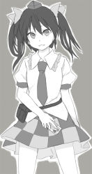 Rule 34 | 1girl, ayasugi tsubaki, cellphone, female focus, greyscale, hat, himekaidou hatate, long hair, monochrome, necktie, open mouth, phone, pouch, puffy sleeves, short sleeves, solo, standing, tokin hat, touhou, twintails