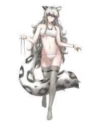 Rule 34 | 1girl, ahoge, animal ear fluff, animal ears, arknights, bandeau, bead necklace, beads, between legs, blush, bracelet, braid, breasts, cleavage, commentary, english commentary, full body, gluteal fold, grey eyes, grey thighhighs, groin, hair between eyes, highres, jewelry, large tail, leopard ears, leopard tail, lim aya w, long hair, looking down, medium breasts, midriff, navel, necklace, panties, parted lips, pramanix (arknights), side-tie panties, side braids, silver hair, simple background, snow leopard ears, snow leopard tail, solo, strapless, tail, tail between legs, thigh gap, thighhighs, thighs, tube top, twin braids, underboob, underwear, underwear only, very long hair, walking, wavy hair, white background, white panties