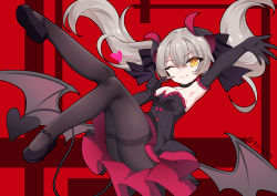 Rule 34 | 1girl, ;), armpits, black dress, black gloves, breasts, demon tail, dress, elbow gloves, full body, gloves, gothic lolita, highres, layered dress, lolita fashion, looking at viewer, low wings, mary janes, one eye closed, original, pantyhose, red background, red dress, rx7649, shoes, small breasts, smile, solo, strapless, strapless dress, tail, thighband pantyhose, twintails, wings, yellow eyes