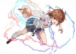 Rule 34 | 1girl, black skirt, brown eyes, brown footwear, brown hair, brown sweater vest, coin, collared shirt, commentary request, electricity, electrokinesis, fighting stance, full body, hair ornament, hairpin, holding, holding coin, isshi pyuma, kneehighs, misaka mikoto, open mouth, outstretched arm, pleated skirt, school uniform, shirt, short hair, short sleeves, skirt, socks, solo, summer uniform, sweater vest, toaru kagaku no railgun, toaru majutsu no index, tokiwadai school uniform, white shirt, white socks