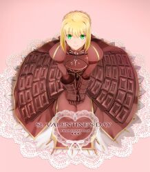 1girl armor armored_dress artist_name artoria_pendragon_(fate) braid brown_dress commentary dress fate/stay_night fate_(series) from_above gauntlets juliet_sleeves long_dress long_sleeves looking_at_viewer puffy_sleeves saber_(fate) shirotsumekusa sitting smile solo valentine