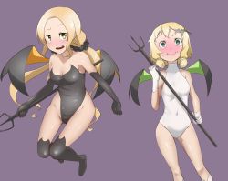 Rule 34 | 2girls, aces8492unsung, bat hair ornament, black gloves, black legwear, black leotard, blonde hair, blue background, blush, breasts, cleavage, cosplay, covered navel, elbow gloves, embarrassed, fake wings, fang, gloves, green eyes, groin, hair ornament, highleg, highres, inubouzaki fuu, inubouzaki itsuki, leotard, long hair, looking at viewer, looking back, medium breasts, monochrome background, multiple girls, open mouth, shiny clothes, shiny skin, short hair, simple background, small breasts, thighhighs, white gloves, white leotard, wings, yuuki yuuna wa yuusha de aru, yuusha de aru