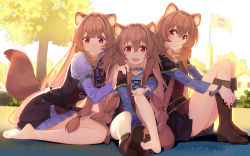 Rule 34 | 3girls, aged down, aged up, animal ears, barefoot, beek, blunt bangs, blush, boots, brown hair, child, collar, cuffs, dress, feet, flag, full body, girl sandwich, hair between eyes, hand on another&#039;s shoulder, handcuffs, happy, highres, long hair, long sleeves, looking at viewer, multiple girls, open mouth, outdoors, puffy long sleeves, puffy sleeves, raccoon ears, raccoon girl, raccoon tail, raphtalia, red eyes, ribbed sweater, sandwiched, sidelocks, sitting, smile, sweater, tail, tate no yuusha no nariagari, time paradox, tree, unworn boots
