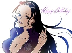 Rule 34 | 1girl, amaguri op, black hair, blue jacket, breasts, cleavage, close-up, commentary request, eyewear on head, happy birthday, jacket, long hair, looking to the side, nico robin, one piece, sidelocks, simple background, smile, upper body, white background, zipper