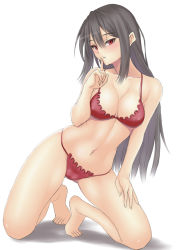 Rule 34 | 1girl, :o, barefoot, bikini, black hair, blush, breasts, cleavage, fingernails, full body, hand on thigh, hand to own mouth, kneeling, large breasts, long hair, looking at viewer, muffin (sirumeria), navel, original, red bikini, red eyes, shiny skin, simple background, solo, strap gap, swimsuit, white background