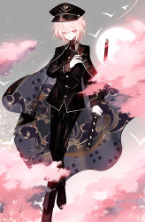 Rule 34 | 1boy, androgynous, bishounen, formal, gloves, hand on own chest, hat, highres, juexing (moemoe3345), katana, long sleeves, looking to the side, military, original, pale skin, pink eyes, pink hair, short hair, sword, weapon
