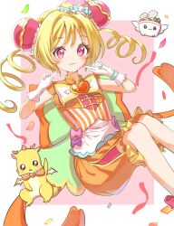 Rule 34 | 1girl, :3, blonde hair, brooch, bun cover, closed mouth, commentary request, confetti, cure yum-yum, daopon, delicious party precure, dragon, dress, gloves, hair bun, hanamichi ran, heart, heart brooch, highres, jewelry, long hair, looking at viewer, magical girl, mem-mem (precure), orange dress, pink background, pointing, pointing at self, precure, red eyes, triple bun, two side up, white gloves, white stripes