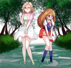 Rule 34 | 2girls, aroma lady (pokemon), between legs, blonde hair, blue legwear, blue vest, blush, bow, bowtie, breasts, brown eyes, brown footwear, brown hair, closed mouth, collarbone, creatures (company), embarrassed, female focus, game freak, grass, green shirt, hair ornament, hairclip, hand between legs, hand up, have to pee, highres, holding, holding poke ball, jacket, kneehighs, knees together feet apart, lass (pokemon), long hair, looking down, matching hair/eyes, miniskirt, multiple girls, nintendo, nose blush, npc trainer, one eye closed, open mouth, outdoors, pink jacket, poke ball, poke ball (basic), pokemon, pokemon dppt, pokemon frlg, red neckwear, red skirt, shirt, shoes, short hair, short sleeves, skirt, small breasts, socks, standing, stream, sweat, swept bangs, teeth, tree, v arms, vest, wading, white footwear, white shirt, white skirt, wince, zeoraito