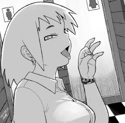 Rule 34 | 1girl, 2015, bracelet, breasts, comic, dated, earrings, eyebrows, fellatio gesture, female focus, greyscale, jewelry, large breasts, looking at viewer, monochrome, nail polish, naughty face, open mouth, original, prostitution, short hair, silent comic, solo, toilet symbol, tongue, tongue out, tsukudani (coke-buta), tsurime