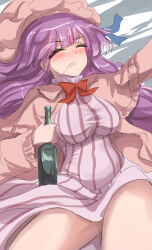Rule 34 | 1girl, arm up, blue ribbon, blush, bottle, bow, bowtie, breasts, capelet, closed eyes, commentary, dress, drooling, drunk, hat, highres, holding, holding bottle, large breasts, long hair, lying, mob cap, namiki (remiter00), on back, open mouth, patchouli knowledge, purple hair, red bow, red bowtie, ribbon, robe, solo, striped clothes, striped dress, thighs, touhou, unworn hat, unworn headwear, very long hair, wine bottle