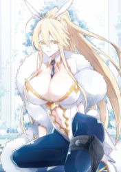 Rule 34 | 1girl, ahoge, animal ears, artoria pendragon (all), artoria pendragon (fate), artoria pendragon (swimsuit ruler) (fate), bare shoulders, blonde hair, blue neckwear, blue pantyhose, braid, breasts, cleavage, clothing cutout, detached collar, fake animal ears, fate/grand order, fate (series), feather boa, fishnet pantyhose, fishnets, french braid, green eyes, hair between eyes, highleg, highleg leotard, highres, holster, large breasts, leotard, long hair, looking at viewer, navel, navel cutout, necktie, nogi (acclima), open mouth, pantyhose, playboy bunny, ponytail, rabbit ears, rabbit tail, sidelocks, sitting, tail, thigh strap, thighs, tiara, white leotard, wrist cuffs