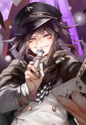 Rule 34 | 1boy, board game, buttons, cape, checkered clothes, checkered scarf, chess, danganronpa (series), danganronpa v3: killing harmony, grey eyes, grin, hat, highres, holding, jacket, long sleeves, male focus, oma kokichi, purple hair, scarf, shirt, short hair, smile, solo, straitjacket