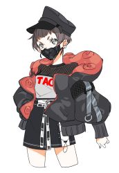 Rule 34 | 1girl, black nails, black skirt, brown hair, cropped legs, ear piercing, earrings, grey eyes, grey hat, grey jacket, hand on own hip, hat, high-waist skirt, highres, jacket, jewelry, mask, miniskirt, mouth mask, nail polish, open clothes, open jacket, original, peaked cap, piercing, samei ikusa, short hair, simple background, skirt, solo, white background