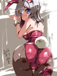 Rule 34 | 10s, 1girl, 2016, all fours, animal ears, ass, back-seamed legwear, blue eyes, cup, dated, drinking glass, fake animal ears, from behind, kantai collection, kashima (kancolle), looking back, miuku (marine sapphire), pantyhose, playboy bunny, rabbit ears, rabbit tail, seamed legwear, silver hair, solo, tail, twintails, wavy hair, wine glass, wrist cuffs