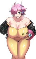 Rule 34 | 1girl, adjusting clothes, alternate breast size, antennae, black gloves, black jacket, bodysuit, breasts, covered navel, eyelashes, gloves, hair over one eye, hand on own hip, unworn headwear, helmet, highres, holding, holding helmet, huge breasts, jacket, large breasts, legs, looking at viewer, navel, nipples, one piece, open clothes, open jacket, open mouth, short hair, simple background, smile, solo, thick thighs, thighs, undressing, vegapunk lilith, wide hips, yellow bodysuit, ytrall