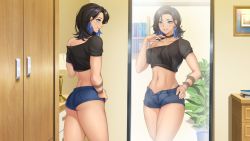 Rule 34 | 1boy, bedroom, black choker, black hair, blue eyes, blue hair, calum (existence), choker, existence, game cg, hand on own hip, highres, indoors, looking at mirror, male focus, midriff, mirror, multicolored hair, navel, second-party source, short shorts, shorts, solo, standing, trap, uosaasou