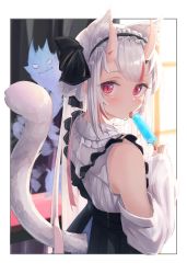 Rule 34 | 1girl, animal ears, blush, cat ears, cat tail, commentary, detached sleeves, food, from behind, hair between eyes, highres, hololive, horns, kemonomimi mode, licking, long hair, long sleeves, looking at viewer, looking back, multicolored hair, nail polish, nakiri ayame, nakiri ayame (girly), namaonpa, popsicle, red eyes, red hair, red nails, solo, streaked hair, symbol-only commentary, tail, tongue, tongue out, upper body, virtual youtuber, white hair