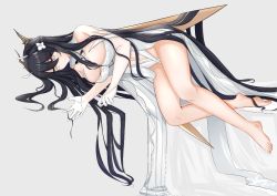 Rule 34 | 1girl, absurdly long hair, azur lane, barefoot, breasts, cleavage, detached collar, dress, flower, gloves, grey background, hair flower, hair ornament, half gloves, horns, indomitable (azur lane), kamidesi, large breasts, long dress, long hair, looking at viewer, lying, on side, simple background, solo, very long hair, white dress, white flower, white gloves