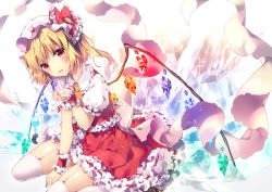 Rule 34 | 1girl, ascot, blonde hair, bow, dress, flandre scarlet, frilled dress, frills, garter straps, hat, hat bow, mob cap, open mouth, puffy short sleeves, puffy sleeves, red dress, red eyes, riichu, sash, short sleeves, side ponytail, sitting, smile, solo, thighhighs, touhou, wariza, white thighhighs, wings, wrist cuffs, zettai ryouiki