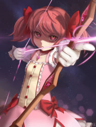 Rule 34 | 10s, 1girl, arrow (projectile), artist name, bow, bow (weapon), buttons, collarbone, drawing bow, dress, gloves, hair bow, highres, holding, holding bow (weapon), holding weapon, kaname madoka, mahou shoujo madoka magica, mahou shoujo madoka magica (anime), novcel, pink eyes, pink hair, ringed eyes, serious, solo, star (sky), twintails, weapon