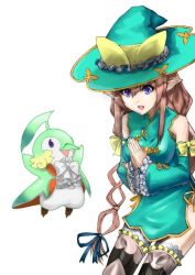 Rule 34 | 1girl, armor, bare shoulders, blue eyes, boots, breasts, brown hair, chinese clothes, detached sleeves, dress, frills, hat, long hair, open mouth, ribbon, rinna mayfield, shining (series), shining resonance, simple background, witch hat