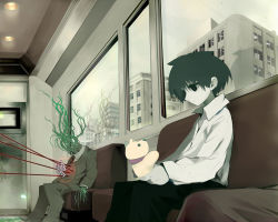 Rule 34 | 1boy, black eyes, black hair, business suit, city, cloud, creature, empty eyes, formal, highres, holding, male focus, mononoke (empty), muted color, original, pale skin, reflection, shirt, short hair, sitting, spot color, stuffed animal, stuffed toy, subway, suit, surreal, translation request, window