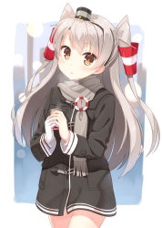 Rule 34 | 10s, 1girl, adapted costume, alternate costume, amatsukaze (kancolle), brown eyes, can, coat, hair tubes, hairband, head tilt, holding, hyuuga azuri, kantai collection, long hair, looking at viewer, parted lips, scarf, silver hair, solo, steam, two side up