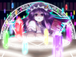 Rule 34 | 1girl, book, bow, crescent, danmaku, female focus, hat, hexagram, hyuuga azuri, long hair, looking at viewer, magic circle, open mouth, outstretched hand, patchouli knowledge, purple eyes, purple hair, solo, touhou