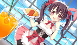 Rule 34 | 10s, 1girl, :d, black hair, bow, carrying, cup, drink, drinking glass, dutch angle, food, hair bow, hair ribbon, looking at viewer, love live!, love live! school idol project, maid, maid headdress, mogyutto &quot;love&quot; de sekkin chuu!, omelet, omurice, open mouth, red eyes, ribbon, riria (happy strawberry), smile, solo, twintails, yazawa nico