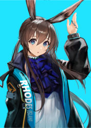 Rule 34 | 1girl, absurdres, amiya (arknights), animal ears, aqua background, arknights, ascot, black coat, blue ascot, blue eyes, blurry, brown hair, clothes writing, coat, commentary, depth of field, hair between eyes, highres, hood, hooded coat, jewelry, long hair, looking at viewer, multiple rings, neck ring, open clothes, open coat, open mouth, rabbit ears, ribbed sweater, ring, simple background, solo, sweater, takubon, upper body, white sweater