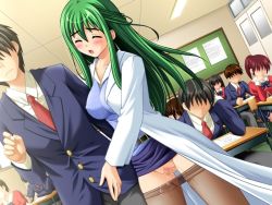 Rule 34 | 4boys, 4girls, blush, censored, clothes lift, closed eyes, game cg, green hair, indoors, long hair, multiple boys, multiple girls, no panties, open mouth, pantyhose, pussy, pussy juice, school uniform, skirt, skirt lift, wet