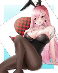 Rule 34 | 1girl, absurdres, animal ears, arm tattoo, bare shoulders, black pantyhose, blush, breasts, card, cleavage, codename696, collarbone, earrings, fake animal ears, fangs, fangs out, feet out of frame, girls&#039; frontline, hair between eyes, hand on floor, hand on own chest, heart, heart earrings, highres, jewelry, large breasts, leotard, long hair, looking at viewer, mole, mole under eye, neck tattoo, open mouth, pantyhose, pink hair, playboy bunny, rabbit ears, red eyes, sig mcx (girls&#039; frontline), sitting, solo, tattoo, thighs, tongue, tongue out