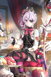 Rule 34 | 1girl, absurdres, ahoge, applying manicure, asymmetrical legwear, candle, candlestand, center frills, clock, commentary, corset, disembodied hand, doll joints, english commentary, eyepatch, food, frilled sleeves, frills, gloves, grandfather clock, hair ribbon, heart, heart ahoge, highres, joints, kingchenxi, long sleeves, macaron, maria marionette, medium hair, mont blanc (food), multicolored nails, nail polish, neck ribbon, nijisanji, nijisanji en, on chair, painting nails, pastry, pleated skirt, portrait (object), purple hair, red ribbon, ribbon, side ponytail, single glove, sitting, skirt, solo, stuffed animal, stuffed rabbit, stuffed toy, swept bangs, thighhighs, virtual youtuber, winding key, zettai ryouiki