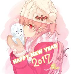 Rule 34 | 1girl, 2017, angel beats!, asami yuriko, bat ornament, beanie, blush, brown gloves, coat, commentary request, dated, enpera, eyelashes, eyes visible through hair, from side, gloves, hair between eyes, hair ornament, hands up, happy new year, hat, heart, hinata hideki, holding snowman, long hair, long sleeves, looking at viewer, mittens, new year, object kiss, one eye closed, one side up, pink coat, pink hair, pom pom (clothes), pom pom beanie, pom pom hair ornament, profile, red eyes, scarf, sidelocks, sideways glance, signature, simple background, solo, striped clothes, striped scarf, very long hair, white background, white hat, winter, winter clothes, winter hat, yui (angel beats!)