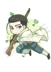 Rule 34 | arisaka, belt, black eyes, black footwear, black hair, blue jacket, blue pants, blush, bolt action, brown belt, buttons, cape, chibi, closed mouth, commentary, facial hair, facial scar, full body, gaiters, golden kamuy, gun, hair slicked back, hair strand, holding, holding gun, holding weapon, hood, hood down, hooded cape, imperial japanese army, inputanimeoutput, jacket, leaf, long sleeves, looking at viewer, lowres, male focus, military, military uniform, ogata hyakunosuke, pants, pouch, rifle, running, sample watermark, scar, scar on cheek, scar on face, short hair, solo, sparkle, stubble, transparent background, undercut, uniform, watermark, weapon, white cape