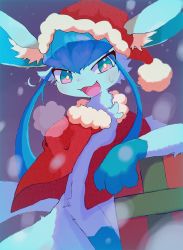 Rule 34 | :3, absurdres, animal ear fluff, animal focus, animal hands, arm up, blue eyes, blue hair, blush, box, breath, capelet, christmas, claws, clothed pokemon, creatures (company), ears through headwear, fang, fur-trimmed capelet, fur-trimmed headwear, fur trim, game freak, gen 4 pokemon, gift, gift box, glaceon, gradient background, happy, hat, highres, long hair, looking at viewer, nintendo, no humans, open mouth, pokemon, pokemon (creature), pom pom (clothes), red capelet, red hat, samenoha (salmon no kaori), santa hat, sidelocks, simple background, smile, snowing, solo, sweat, twintails, upper body, yellow pupils