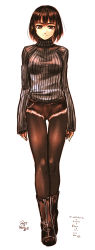 Rule 34 | 1girl, 2017, absurdres, artist name, black pantyhose, bob cut, breasts, brown eyes, brown hair, closed mouth, dated, full body, highres, kotoba noriaki, looking at viewer, medium breasts, mole, mole under eye, original, pantyhose, pantyhose under shorts, ribbed sweater, short hair, short shorts, shorts, signature, simple background, sketch, smile, solo, sweater, tsurime, turtleneck, turtleneck sweater, white background