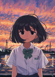 Rule 34 | 1girl, black eyes, black hair, bob cut, bow, bowtie, closed mouth, cloud, collared shirt, green bow, green bowtie, highres, looking at viewer, nerio (neri akira), original, outdoors, pleated skirt, pocket, scenery, shirt, short hair, short sleeves, skirt, sky, smoke, solo, standing, straight-on, sunset, transmission tower, upper body, water, white shirt