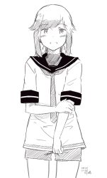Rule 34 | 1girl, alternate costume, artist name, cowboy shot, dated, greyscale, hikashima (shiofune), kantai collection, long hair, looking at viewer, monochrome, necktie, parted lips, ponytail, sailor collar, sailor shirt, shirt, shorts, smile, solo, standing, usugumo (kancolle)